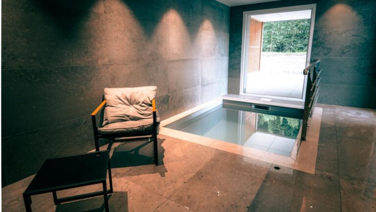 Espace bien-être avec bain froid et vue sur la forêt vosgienne à L'Échappée Vosgienne – séminaire entreprise Gérardmer