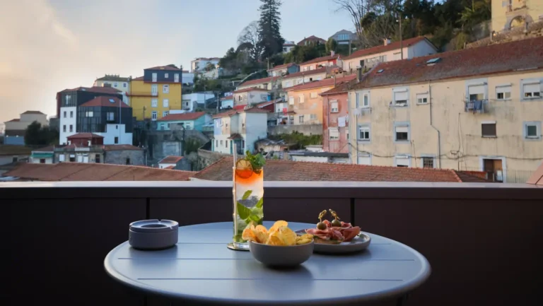 Terrasse du Timbre Heroísmo Porto avec vue panoramique sur les toits du quartier Bonfim et table de dégustation – séminaire entreprise