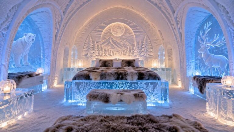 Suite sculptée dans la glace de l'Arctic SnowHotel, hébergement insolite pour les participants d'un séminaire d'entreprise en Laponie
